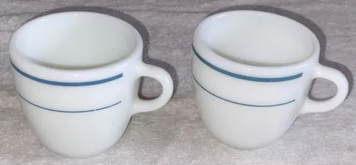 2 Vintage Pyrex Tableware White Milkglass Turquoise Blue Striped Coffee Mug 723