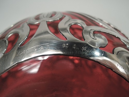 Gorham Cologne D947 Art Nouveau Perfume Bottle American Red Glass Silver Overlay - Picture 9 of 10