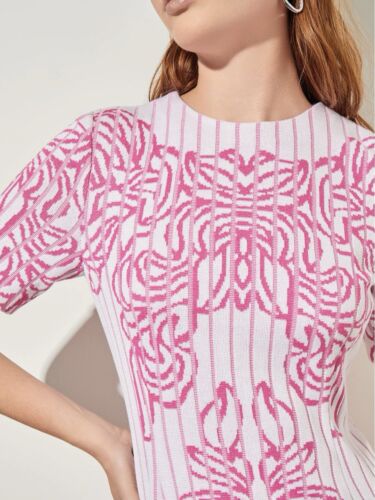 Ming Wang Women's Size XXS A-Line Dress Pink White Placement Print Jacquard Knit - Picture 3 of 3