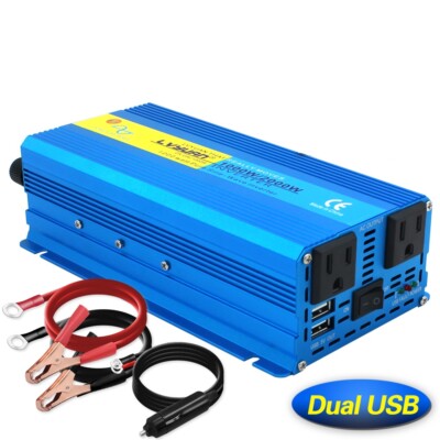 1000W 2000W 12V/24V to 110V Pure Sine Wave Power Inverter Converter 2USB 2AC