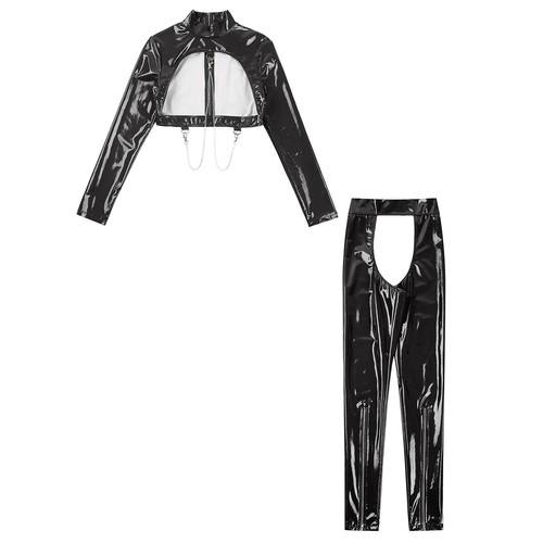 Conjunto de lencería para mujer Trajes recortados Sexy torso y pantalones cuello simulado Ropa de noche Brillante - Imagen 23 de 50