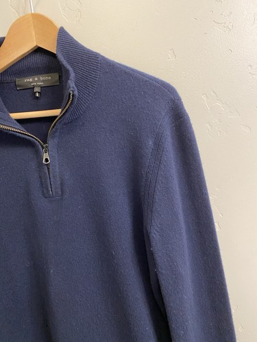 Rag & Bone Men’s Sz Medium Navy Blue 1/4 Zip Merino Wool Sweater w/Elbow Patches - Picture 3 of 16
