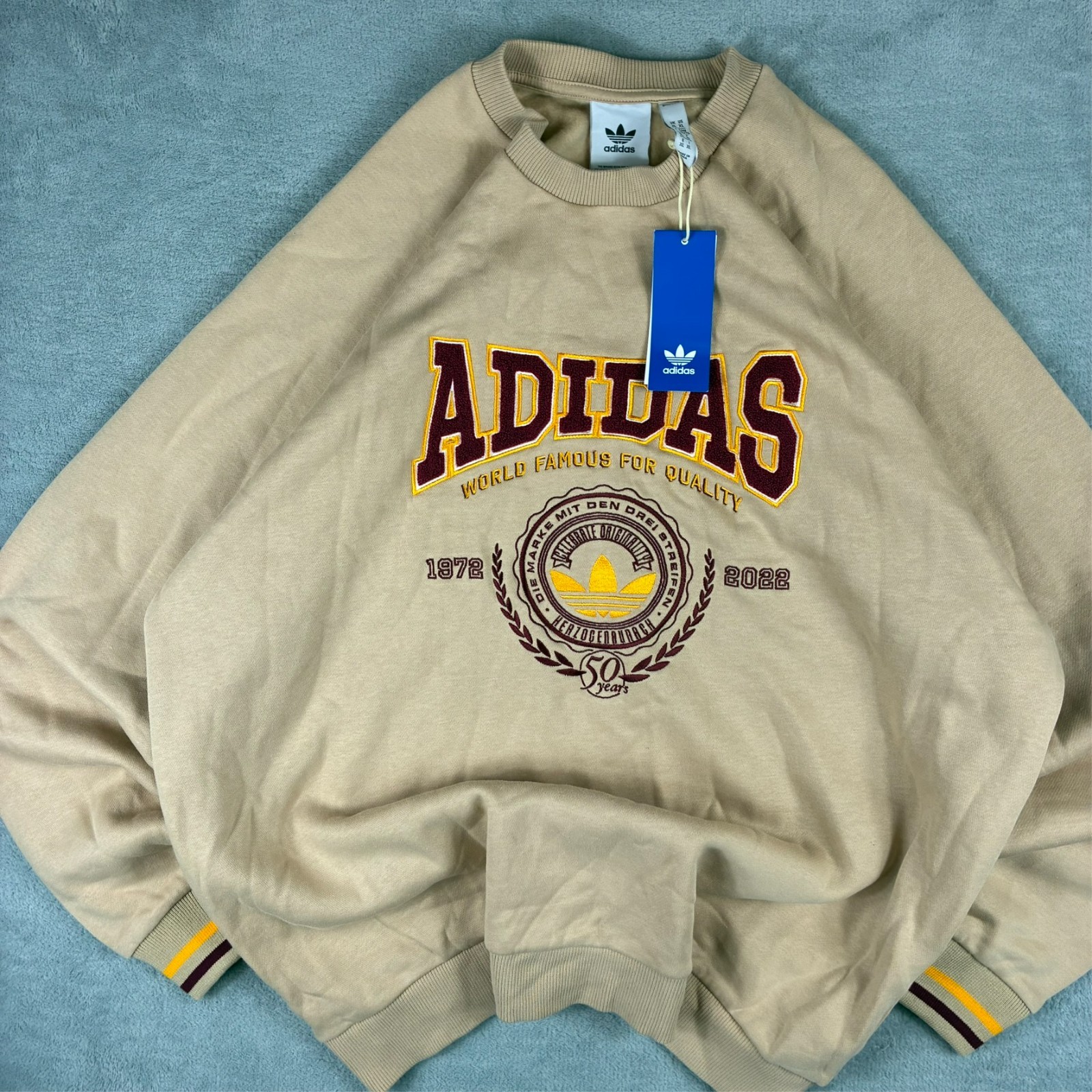 VTG Adidas Originals 'Preppy Varsity' Beige Fleece Size XL Pullover Sweatshirt image 3