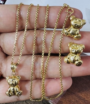 Pure Solid 18C 18K 750 Dubai Gold Set Bear Earring Necklace 20  Inch 6.34g 1.6mm
