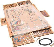 1500 Piece Rotating Wooden Puzzle Board for with 6 Storage Drawers  Protective
