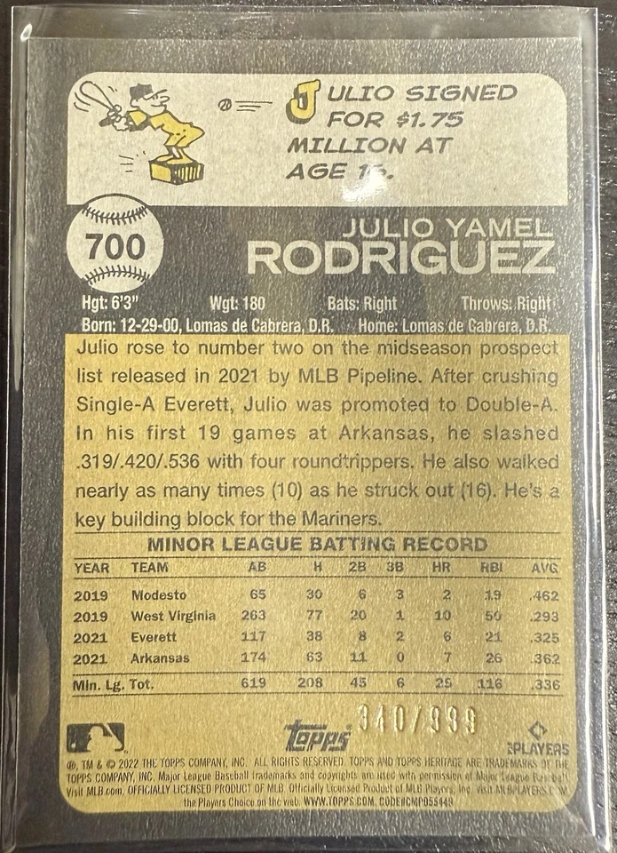 2022 Topps Heritage #700 Julio Rodriguez RC Chrome /999 SP *MINT* - Image 2 of 2