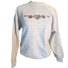 90s Vintage Women's Gray Heart Embroidered Sweatshirt Size Large Grandma Core
