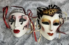 Clay Art About Face Wall Masks Set of 2 Art Deco Ceramic Music & Exotic Style