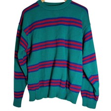 Vintage 90s Eddie Bauer Men's Long Sleeve Striped Cotton Crewneck Sweater Teal M