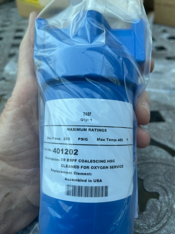 Parker 25EF Coalescing HSG Filter HSG 3/8 BSPF PN 401202, for Ox Service 250 PSI