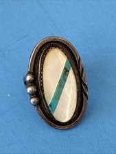 Navajo Sterling Silver Turquoise Mother of Pearl Flush Inlay Ring Southwest 8.5