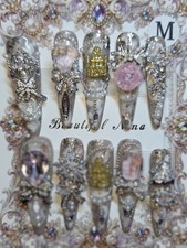 Press On Nails Handmade Medium Stiletto's pink princess themed castle necklace.