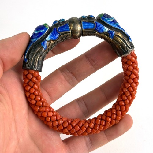 Antique Chinese Republic Period Silver Enamel Coral Beads Dragon Bangle Bracelet - Picture 6 of 12