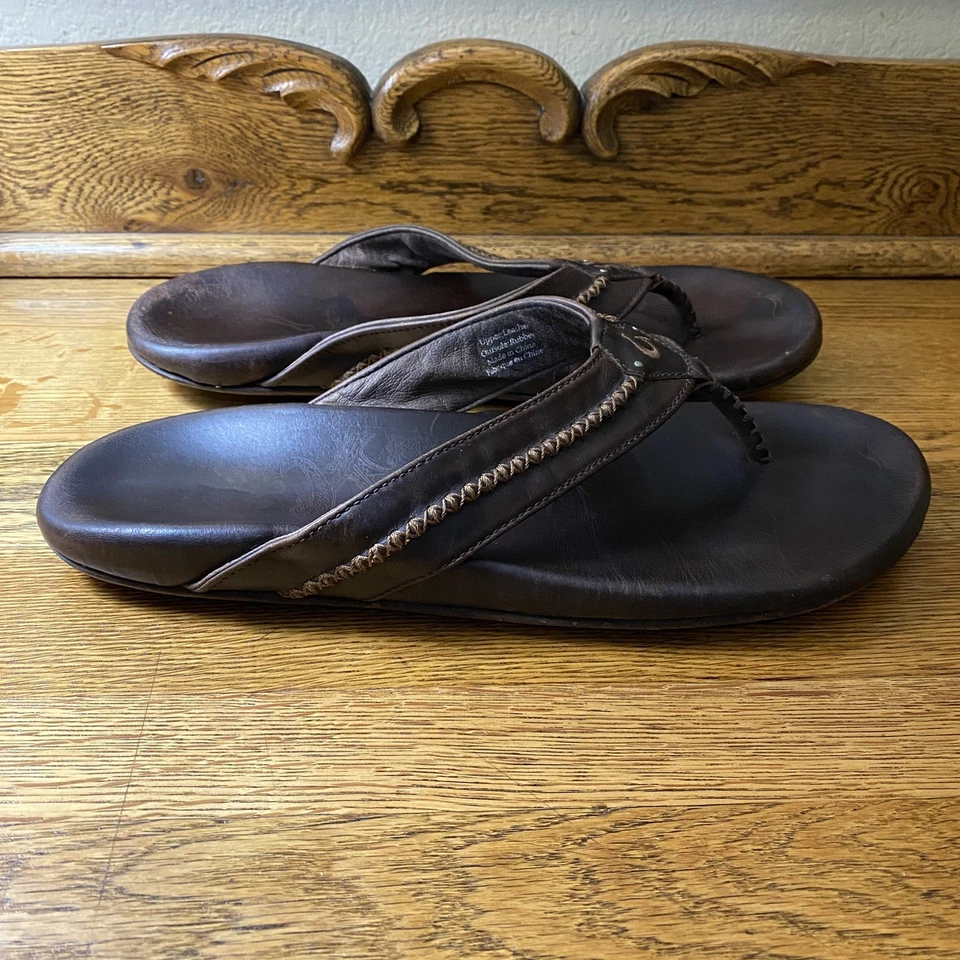 OluKai Mens Mea Ola Leather Thong Flip Flop Sandals Size 12 Brown Slip On - Image 3 of 4