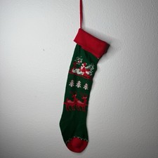 Vintage Green Red Christmas Stocking Santa Claus Sleigh Reindeer Pom Poms 26