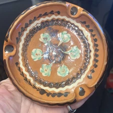 Vintage Romanian Horezu 5.5” Ceramic Hand Painted Stoneware Ashtray