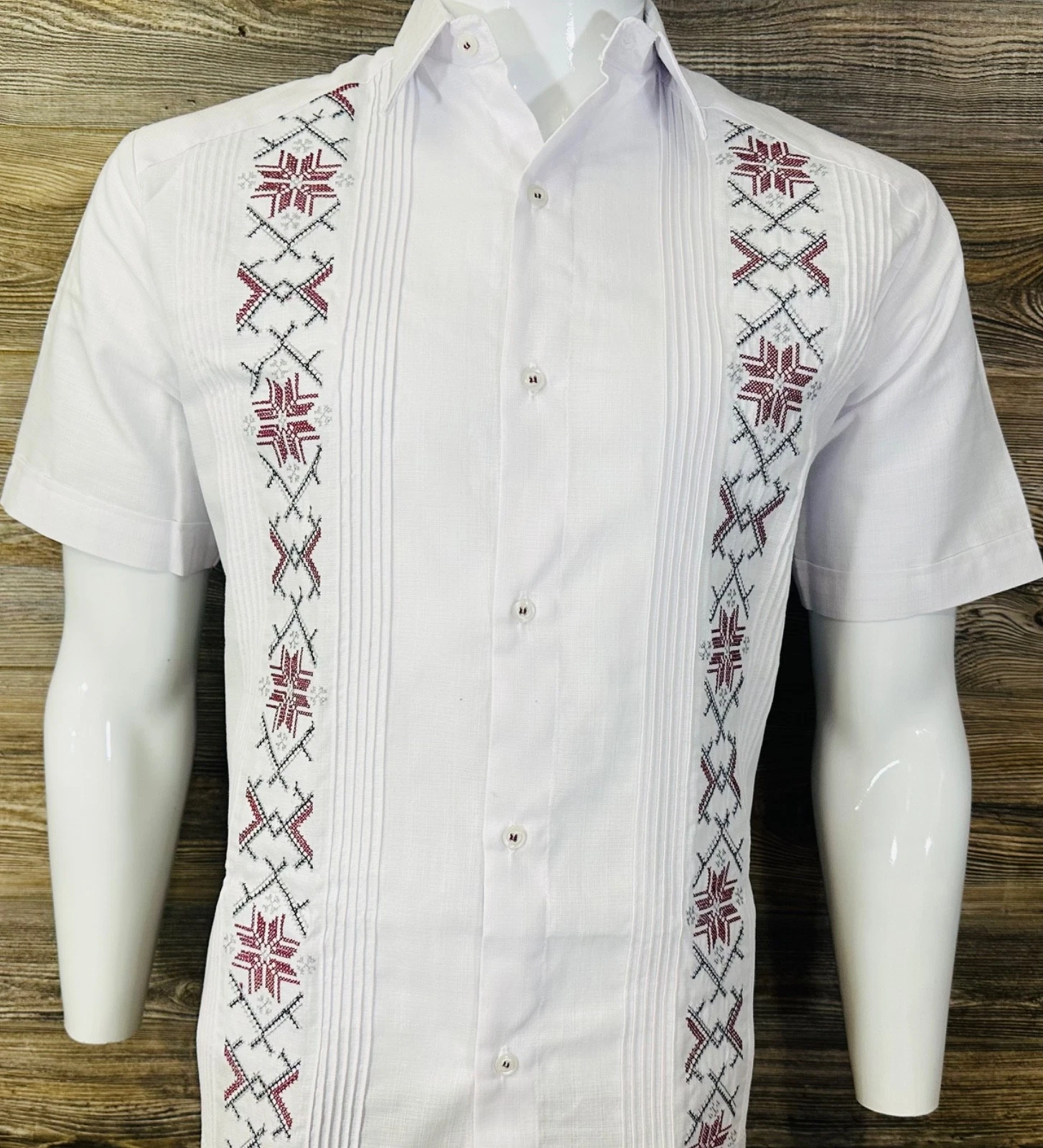 Mens Mexican Guayabera Shirt White Short Sleeve Red Wine Embroidery Cotton
Opens in a new window or