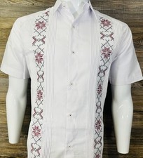 Mens Mexican Guayabera Shirt White Short Sleeve Red Wine Embroidery Cotton