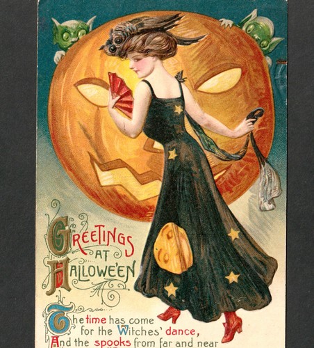 Winsch Schmucker Halloween Witch Dance 1911 JOL Green Goblin Spooks Fan PostCard