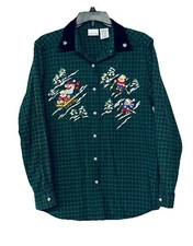 Vintage Bobbie Brooks Embroidered Ski Bears Plaid Button Shirt w Velvet Collar S