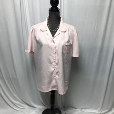 Lady Holiday Blouse Womens Size 42 XL Pink White Lace Accents Button Up Vintage