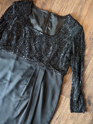 Unbranded Womans Formal Black Sheath Dress Beaded Top & Sleeves Chiffon Skirt XL - Picture 3 of 17