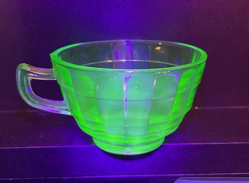 Anchor Hocking Glass Block Optic Uranium Green Tea Cup Plain Handle Depression