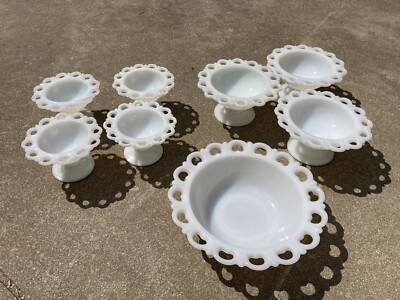 8 Pc Anchor Hocking LACE EDGE Old Colony White Milk Glass Bowls Pedestal 3 Sizes