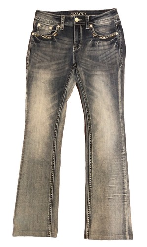 Pantalones de mezclilla para mujer Grace in LA 26 Western florales bordados corte bota raros - Imagen 4 de 13
