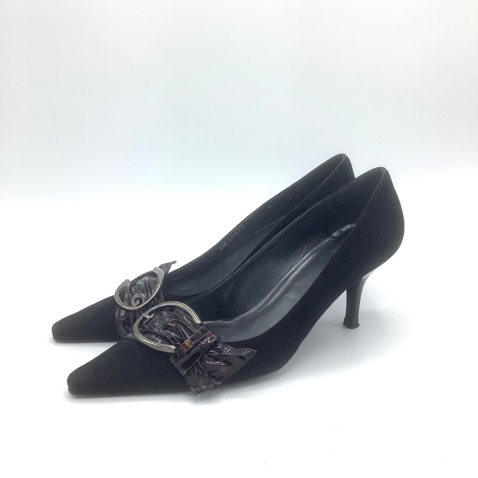 Stuart Weitzman Shoes Sz 7 Black Pointed Toe Buckle Suede Pump Heels