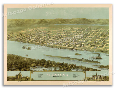 Bird's Eye View 1867 Winona Minnesota Vintage Style City Map - 18x24