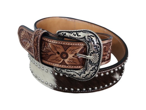 Rodeo Western Style Unisex Size 34 Cowhide Studded Belt Floral Tooled Billet