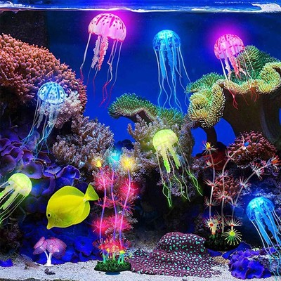 DaToo Glowing Jellyfish Aquarium Ornaments (6 Pack) | Fluorescent Silicone Decor With Suction Cups