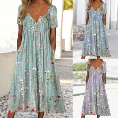 Ladies Boho Beach Dresses Summer Short Sleeve V Neck Sundress Fashion Midi Dress | eBay Ladies Boho Beach Dresses Summer Short Sleeve V Neck Sundress Fashion Midi Dress | eBay