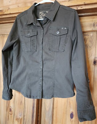 Ethyl Women's Med Shirt Jacket Embellished Army Green Snap Front Epaulets  EUC