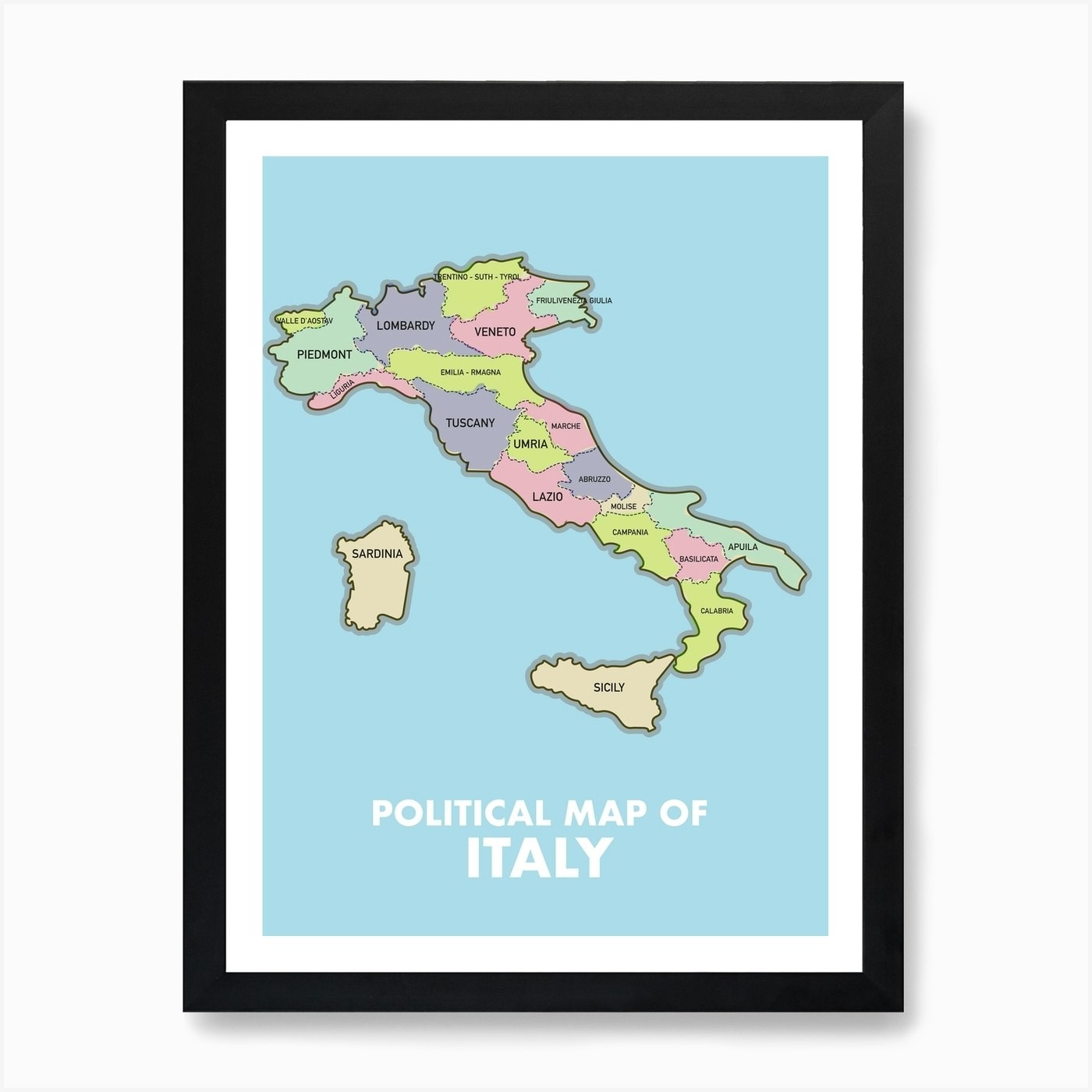 Political Map Of Italy Art Print Framed Wall Art Poster Canvas Print Picture