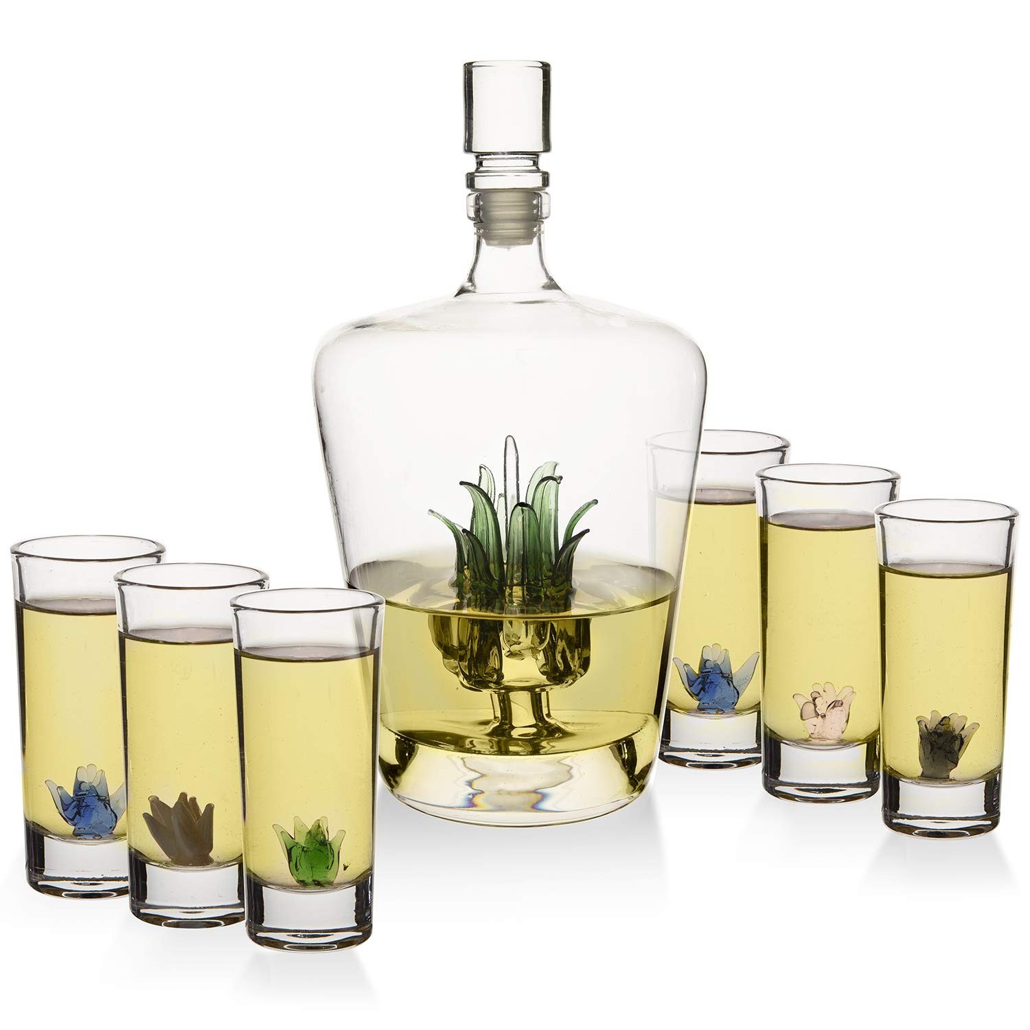 Agave Tequila Glasses & Decanter Set – Handblown 25oz Liquor Decanter & 6