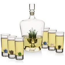 Agave Tequila Glasses & Decanter Set – Handblown 25oz Liquor Decanter & 6