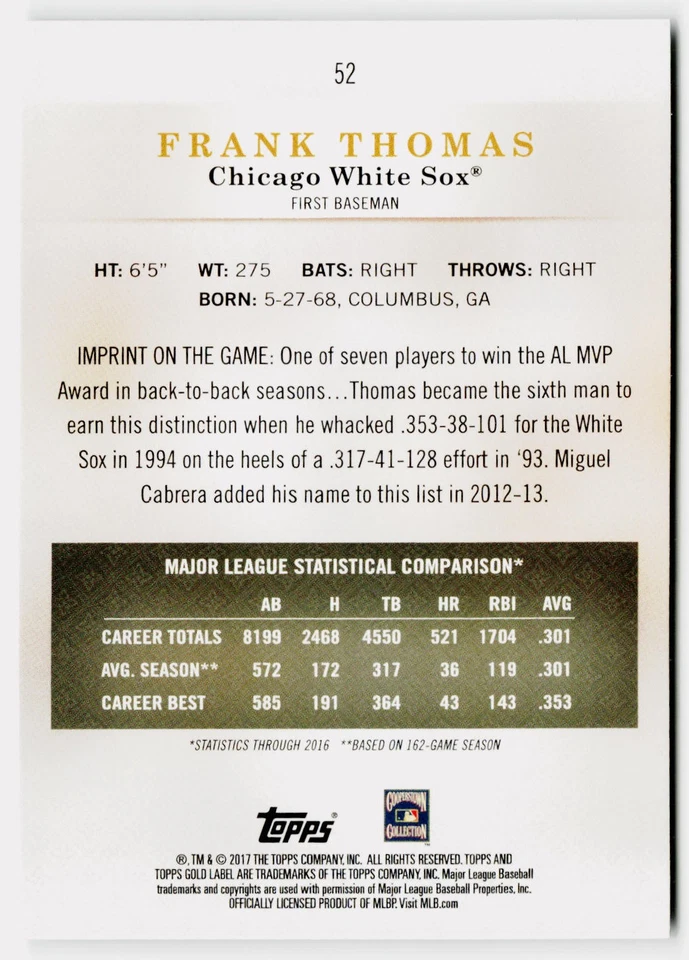 2017 Topps Gold Label Class 1 Black Frank Thomas #52 - Chicago White Sox - Image 2 of 2