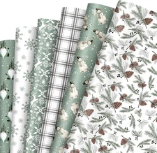 Whaline 12 Sheets Christmas Wrapping Paper - Not Roll - Sage Green Snowman Pinec