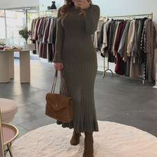 Knitted Dress Womens Long Dress Katja Olive Onesize XS-XL Long Sleeve Ladies Dress Woman