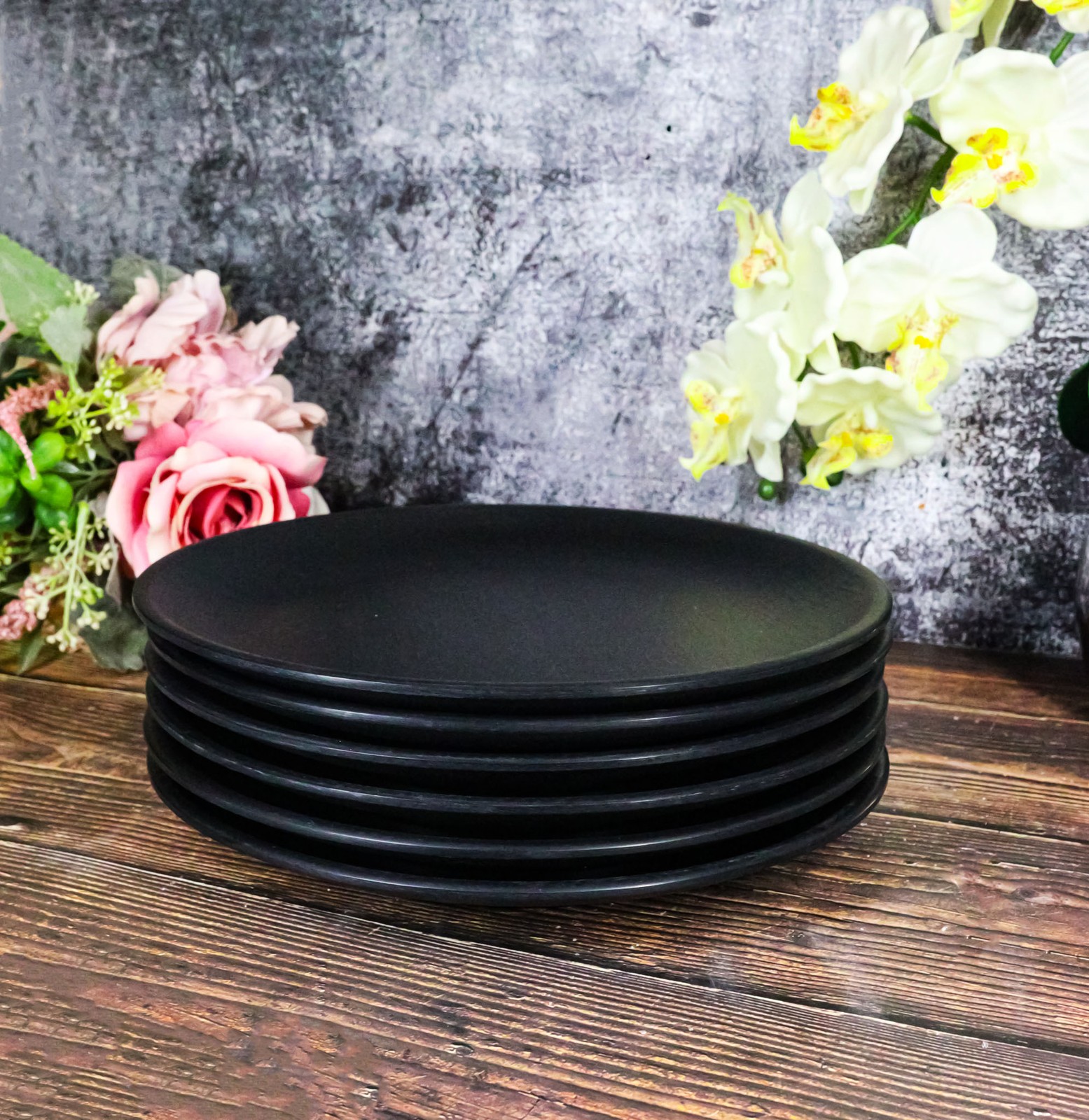 Pack Of 6 Black Silk Melamine Round Dinner Plates 10"D Restaurant Supply