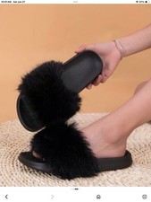 Black Women's Slide Sandals Solid Faux Fur Upper Fur Trim Casual Slip On AU 8