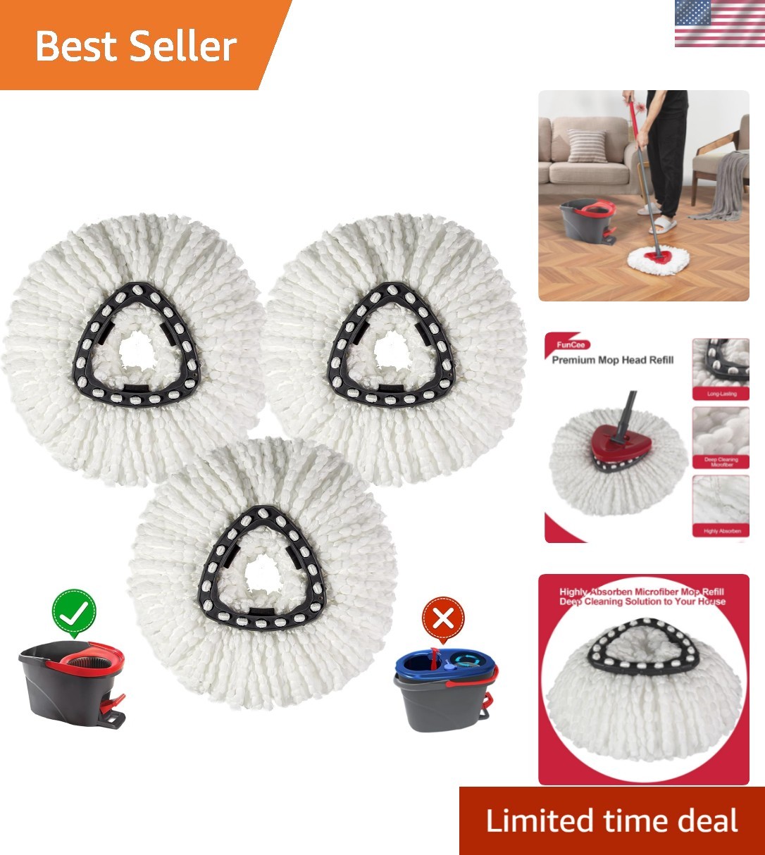 Versatile 3-Pack Mop Refill Heads for O Cedar Spin Mop - Cle