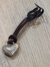Puffy Silver Heart Hang Fob Purse Charm w/ Brown Leather Strap