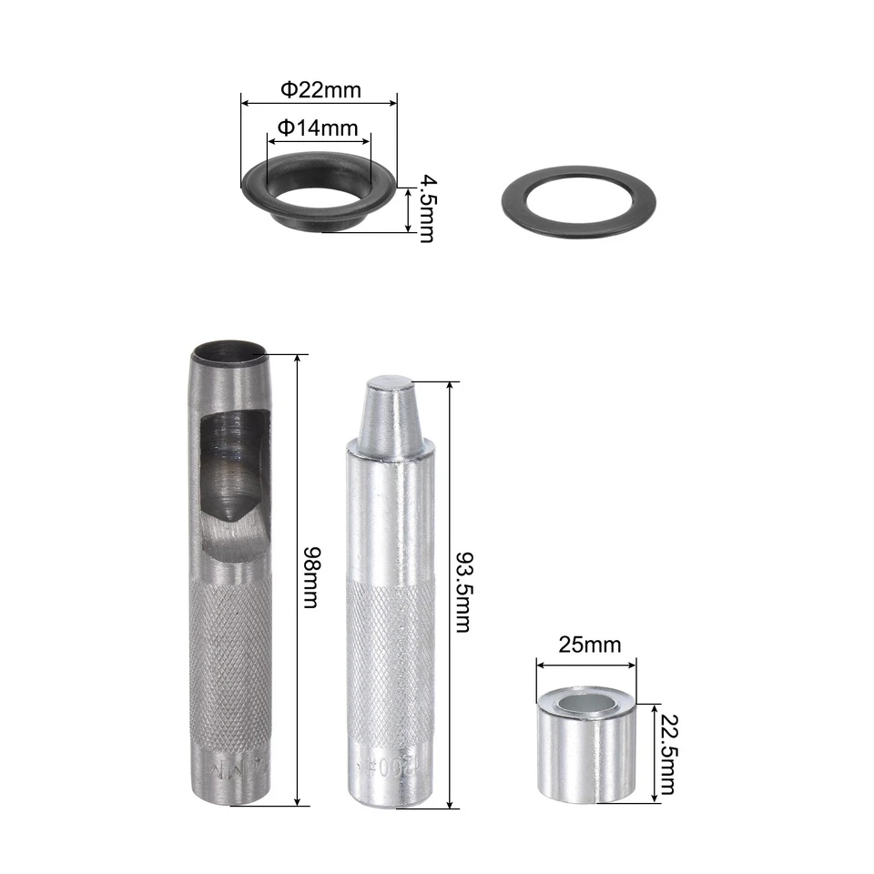 Juego de 50 ojales Kit de ojales de cobre de 14 mm x 22 mm de diámetro ojales con herramientas negro Foto 2 de 4