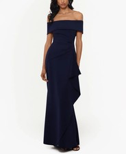 Xscape Navy Ruffled Ruched Off Shoulder Full-Length Evening Dress Size 4