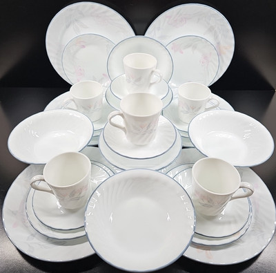 (6) Corelle Pink Trio 5 Piece Place Setting Corning Floral Microwave Dishes Lot