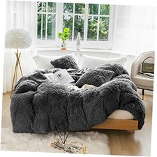 3 PC Plush Shaggy Duvet Cover Set Luxury Ultra Soft Crystal Queen Dark Grey