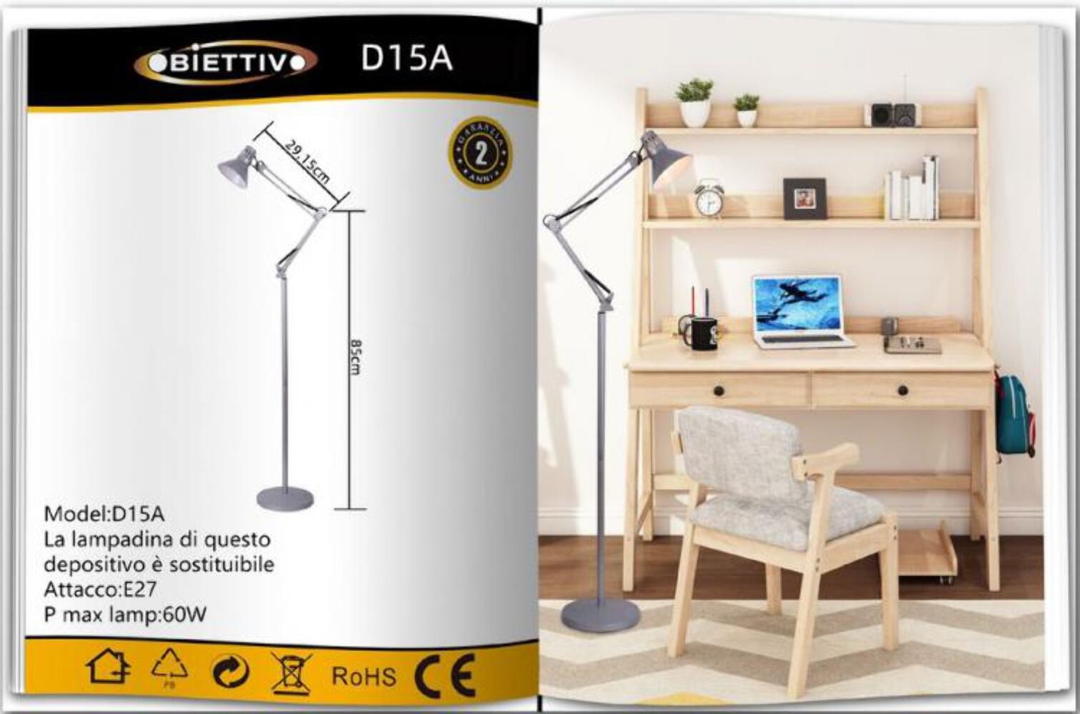 Lampada a Piantana Da Terra Braccio Orientabile Luce Lettura Metallo Grigio|D15A foto 2